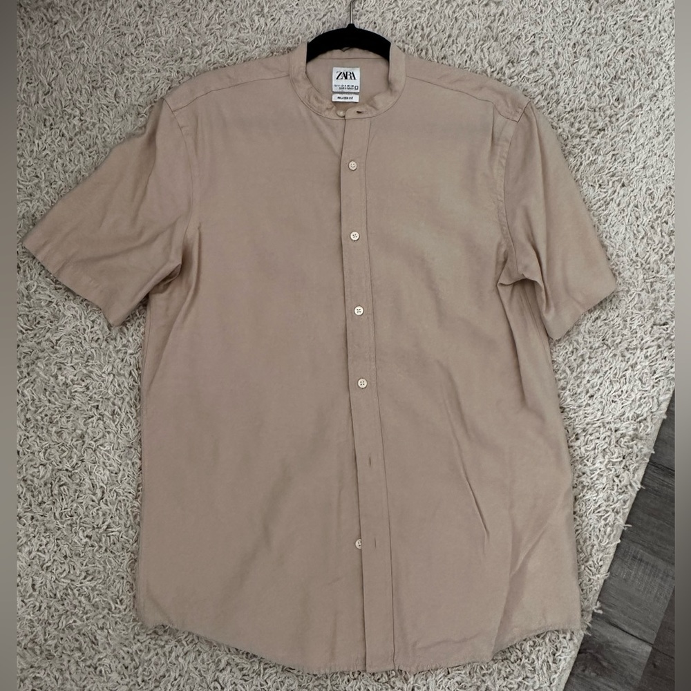 ZARA collarless relax fit button up beige